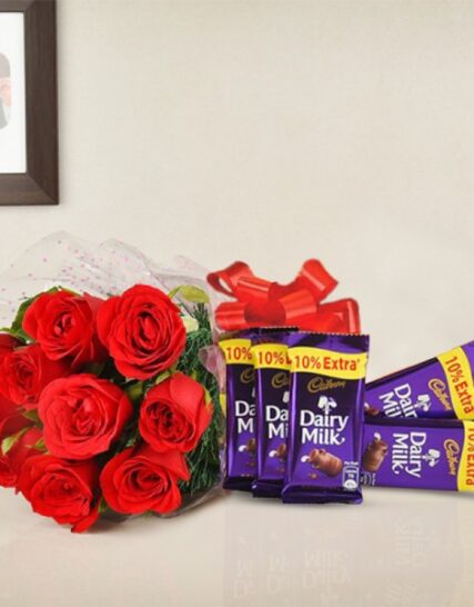 Giftnmore-10 RED ROSES BUNCH WITH CELLOPHANE PACKING AND 5 Dairy Milk Chocolate