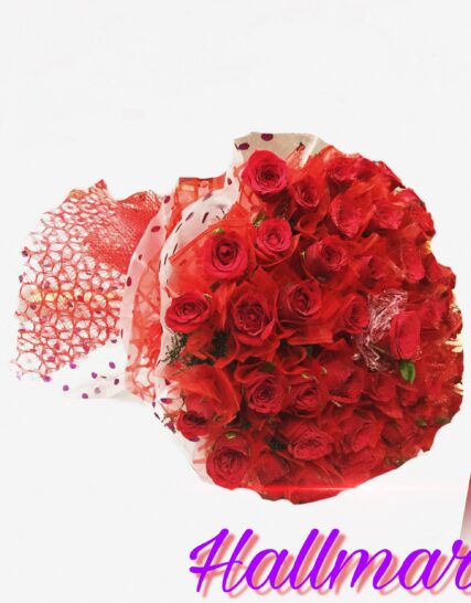 Giftnmore-25 RED ROSES BUNCHES WITH RED NET AND PAPER PACKING