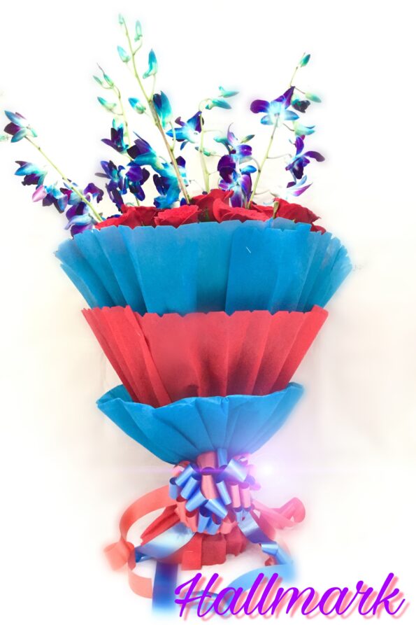 Giftnmore-15 RED ROSES, 5 BLUE ORCHID WITH BLUE AND RED PAPER PACKING