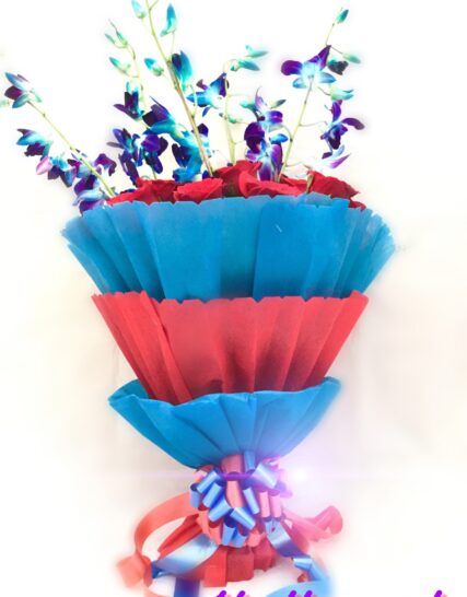 Giftnmore-15 RED ROSES, 5 BLUE ORCHID WITH BLUE AND RED PAPER PACKING