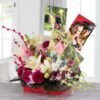 Giftnmore-5 Photos & 2 Lilies & 3 Orchids & 5 Roses Bucket Arrangement