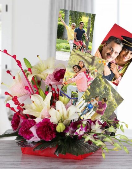 Giftnmore-5 Photos & 2 Lilies & 3 Orchids & 5 Roses Bucket Arrangement