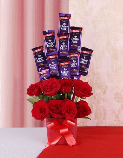 Giftnmore-10 Dairy Milk Chocolates & 10 Red Roses