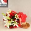 Giftnmore-10 Red Roses & 5 White Lilies Bunch in Red Paper & 300 Grams Dry Fruits