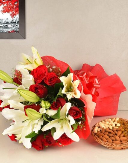 Giftnmore-10 Red Roses & 5 White Lilies Bunch in Red Paper & 300 Grams Dry Fruits