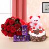 Giftnmore-12 Red Roses in Red Paper & 6 Inch Teddy & 2 Small Silk Chocolates & Half Kg Black Forest Cake
