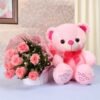 Giftnmore-8 Pink Roses Bunch in Paper Packing & 12 Inch Pink Teddy