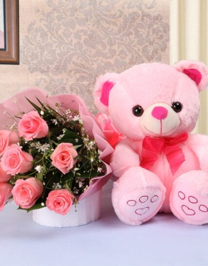 Giftnmore-8 Pink Roses Bunch in Paper Packing & 12 Inch Pink Teddy