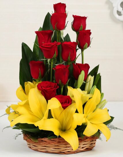 Giftnmore-Asiatic Lilies & Red Roses Cane Basket Arrangement