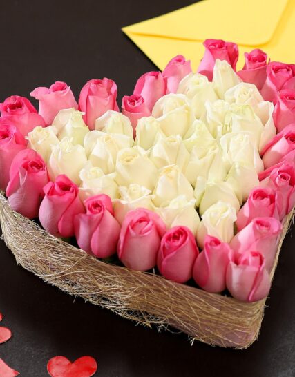Giftnmore-Pink & White Roses Heart Arrangement