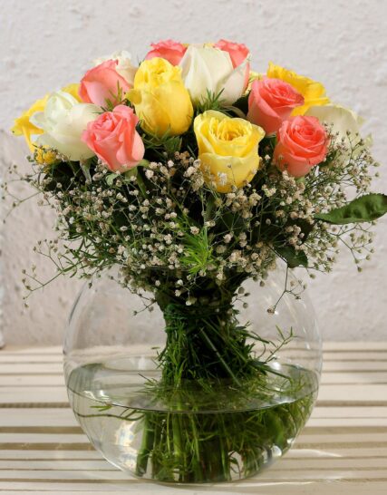 Giftnmore-Blissful Mixed Roses Glass Vase Arrangement