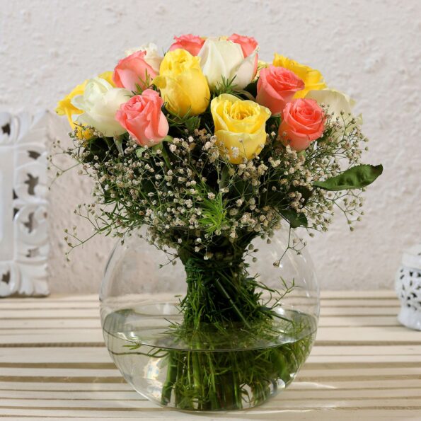 Giftnmore-Blissful Mixed Roses Glass Vase Arrangement