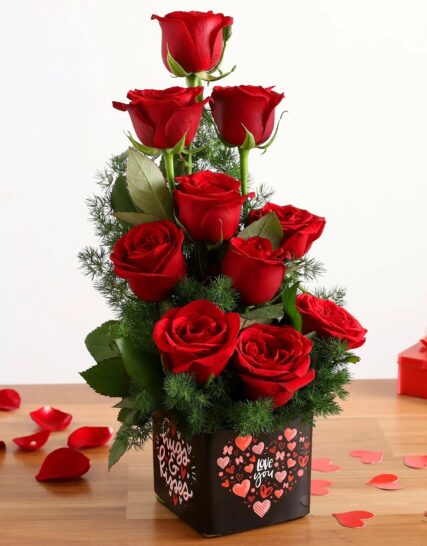 Giftnmore-Bunch Of 10 Red Roses In Love You Sticker Vase