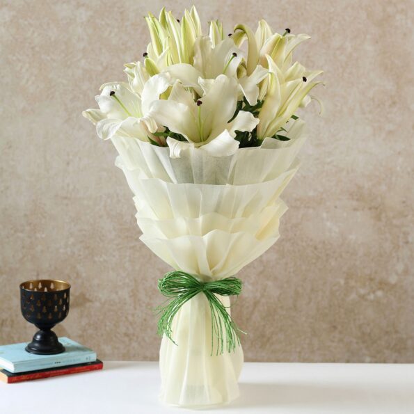 Giftnmore-Serene White Oriental Lilies Bouquet
