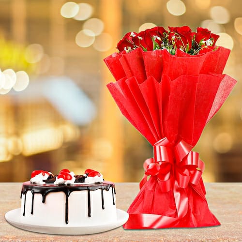 Giftnmore-10 RED ROSES WITH BLACK FOREST CAKE