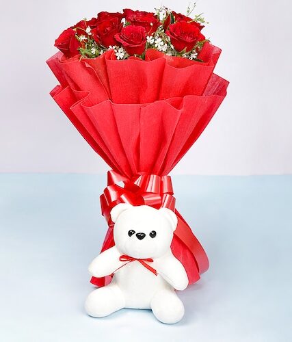 Giftnmore-12 RED ROSES WITH CUTE TEDDY