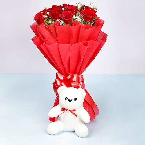 Giftnmore-12 RED ROSES WITH CUTE TEDDY