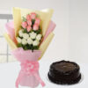 Giftnmore-Pink And White Roses with Chocolate Cake