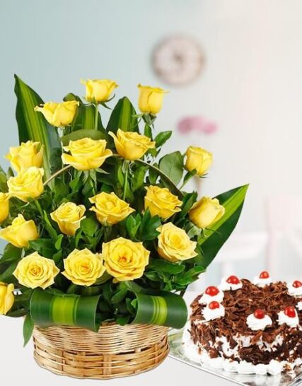 Giftnmore-Yellow Roses Basket With Cake