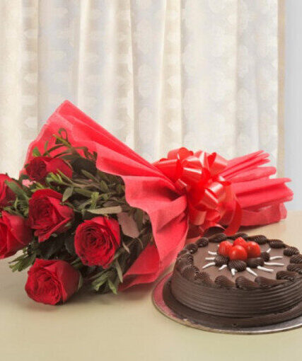 Giftnmore-chocolate cake with 6 red roses bunch