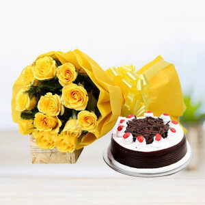 Giftnmore-yellow roses with black forest cake