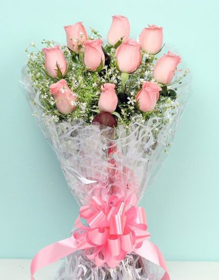 Giftnmore-10 pink roses cellophane
