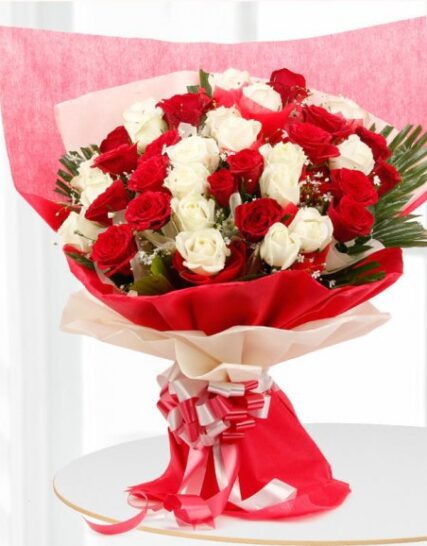 Giftnmore-Red n White roses with paper packing