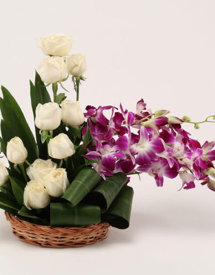 Giftnmore-White Roses & Purple Orchids Arrangement