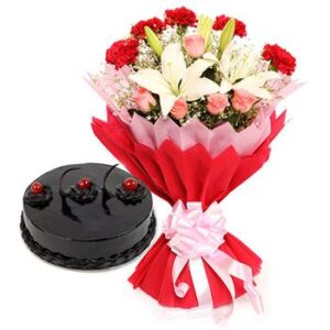 Giftnmore-Pink roses, carnation, lily with truffle cake