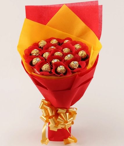 16 pcs Ferrero Rocher Chocolates Bouquet with yellow and red paper pack