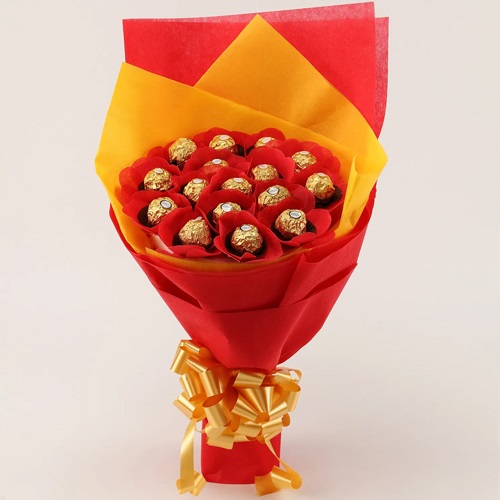 16 pcs Ferrero Rocher Chocolates Bouquet with yellow and red paper pack