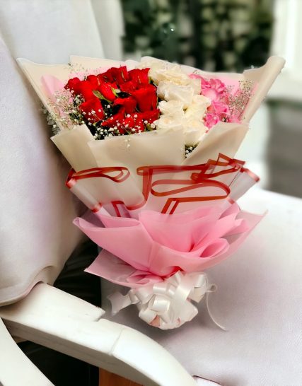 ESTHETIC RED,WHITE AND PINK ROSES IN ADORABLE PACKING