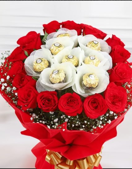 Love in Bloom with Chocolates 10 Red Roses and 8 Pcs Ferrero Rochers Bouquet -