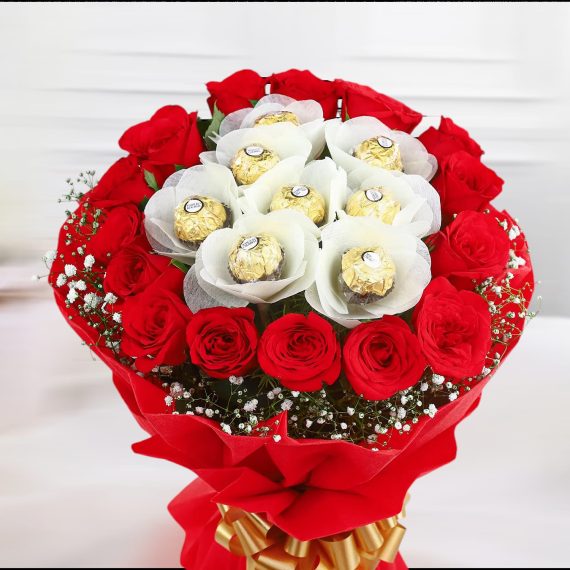 Love in Bloom with Chocolates 10 Red Roses and 8 Pcs Ferrero Rochers Bouquet -