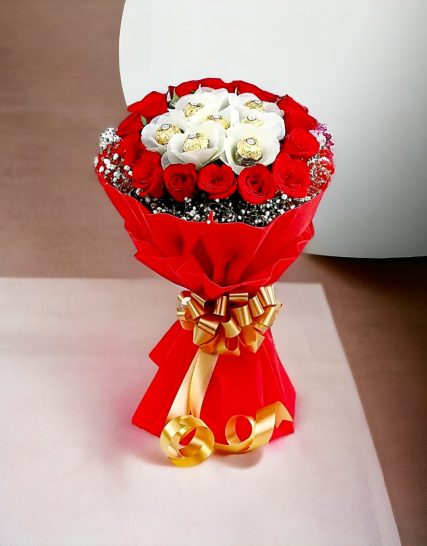 Love in Bloom with Chocolates 10 Red Roses and 8 Pcs Ferrero Rochers Bouquet