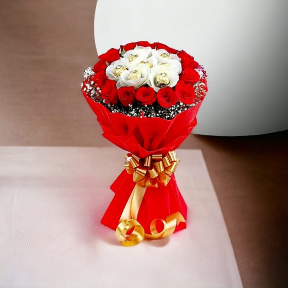 Love in Bloom with Chocolates 10 Red Roses and 8 Pcs Ferrero Rochers Bouquet