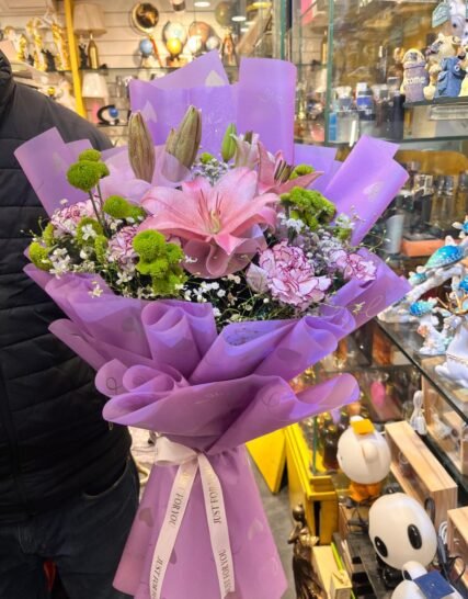pink lily carnation bouquet with korean wrapping