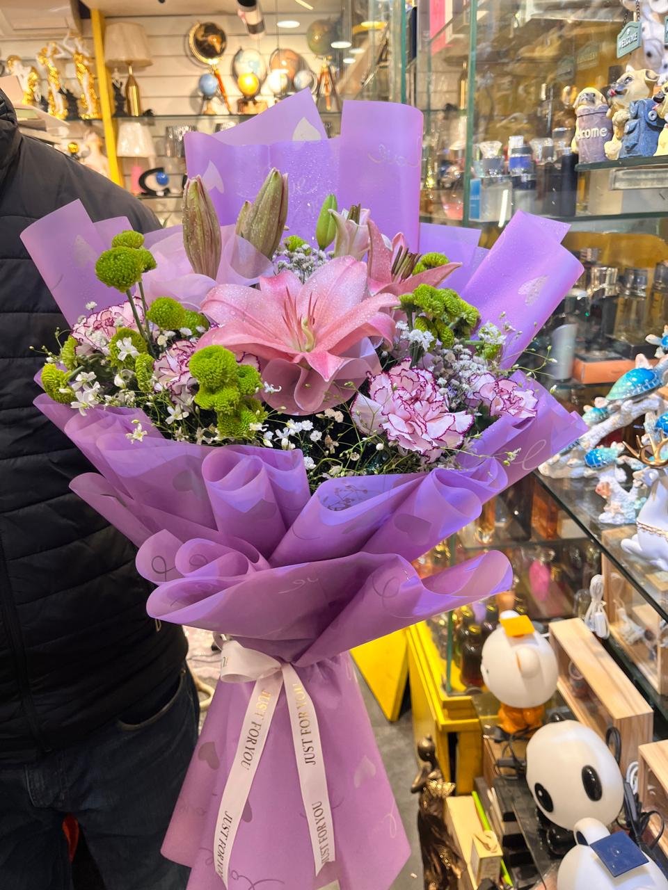pink lily carnation bouquet with korean wrapping