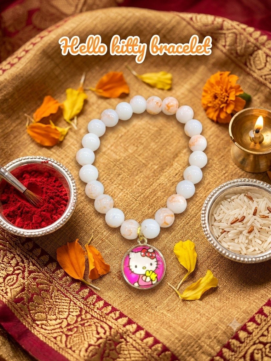 Hello Kitty Charm Beaded Bracelet – White Stone Stretch Bracelet with Hello Kitty Pendant