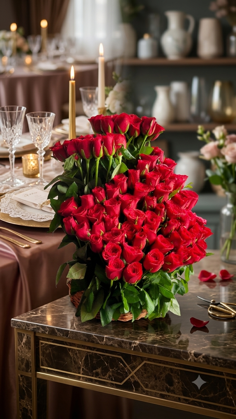 Luxury Red Rose Basket Arrangement – Premium Artificial Flower Basket for Home Décor